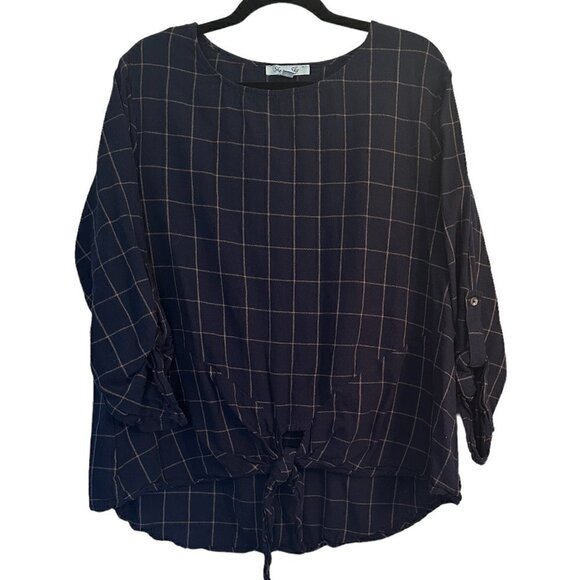 She + Sky 100% Cotton Navy Blue Top w/tie front & button sleeves Womens size XL - Picture 1 of 6